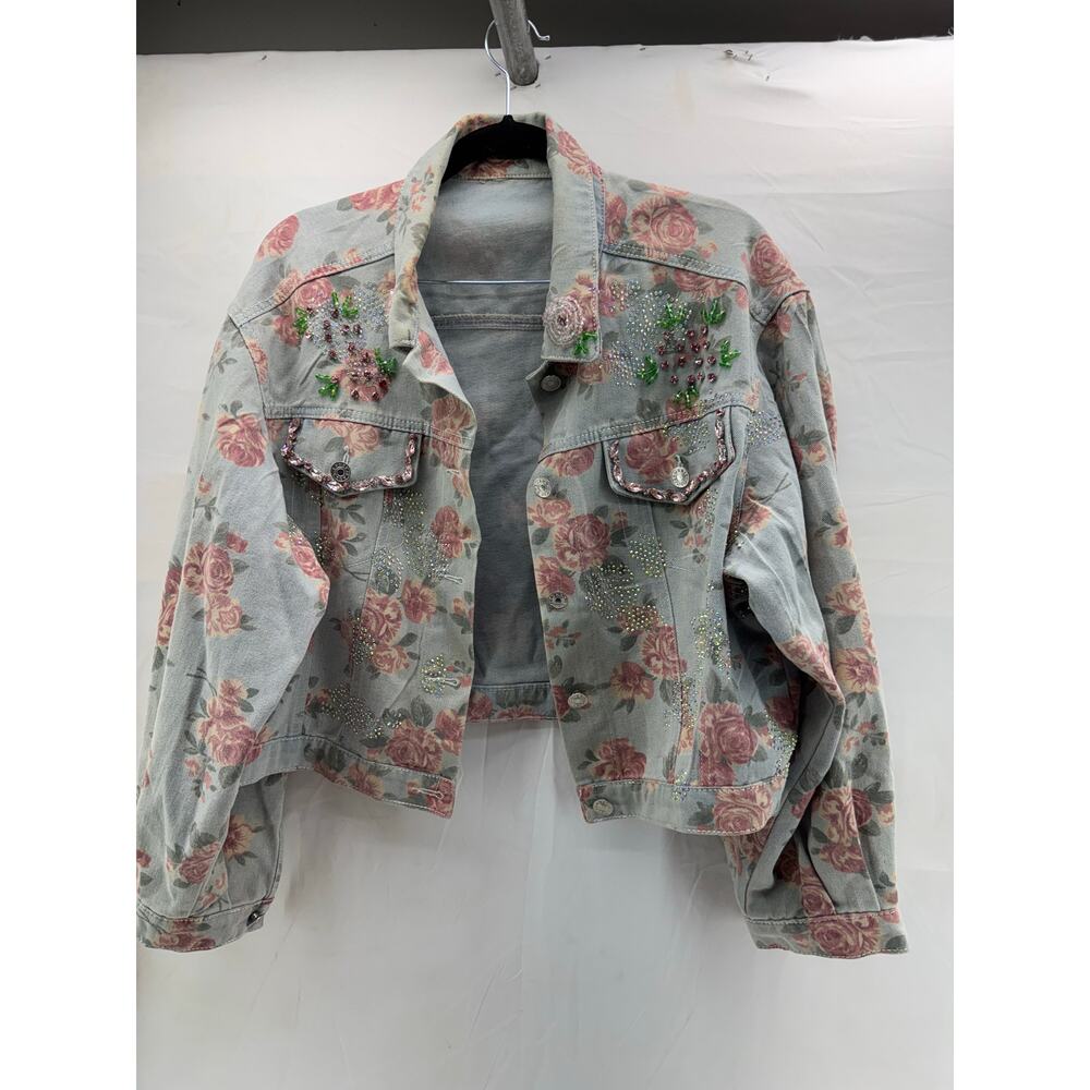 Women's Artistic Bling embelished floral denim oversized jacket XL